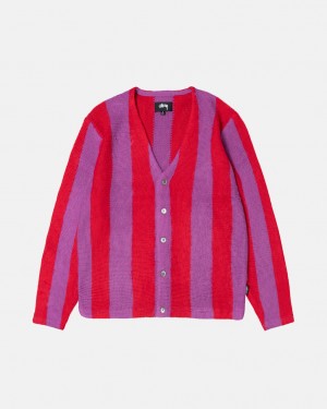 Suéteres Stussy Stripe Brushed Cardigan Masculino Roxo Portugal | USJ-7414