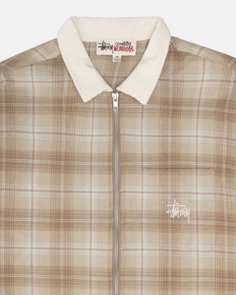 Camisas Stussy Frank Plaid Zip Shirt Feminino Marrom Portugal | CHF-0957