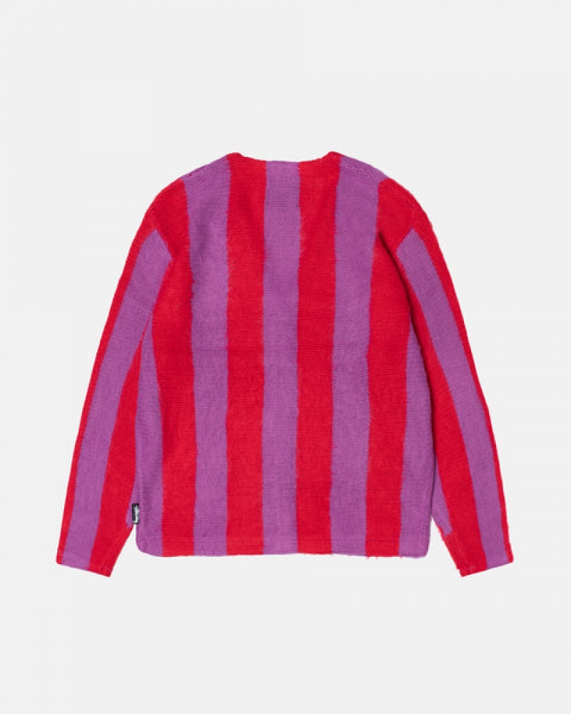 Suéteres Stussy Stripe Brushed Cardigan Feminino Roxo Portugal | EVT-8043