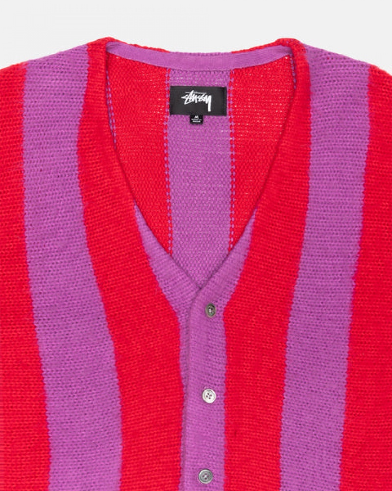 Suéteres Stussy Stripe Brushed Cardigan Feminino Roxo Portugal | EVT-8043