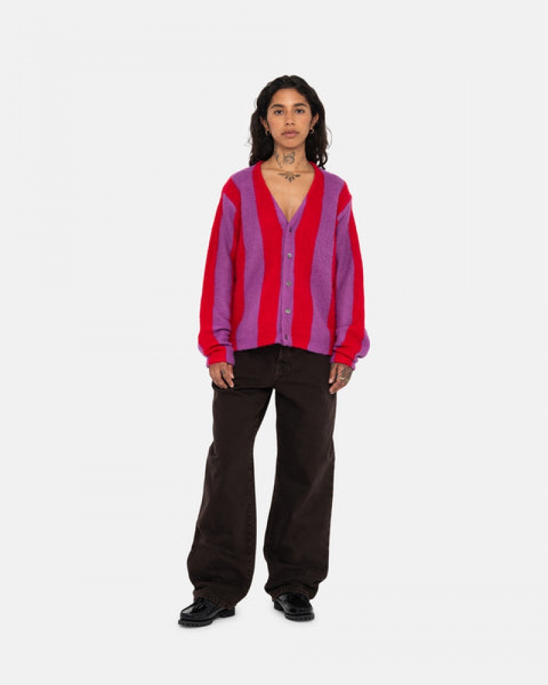 Suéteres Stussy Stripe Brushed Cardigan Feminino Roxo Portugal | EVT-8043